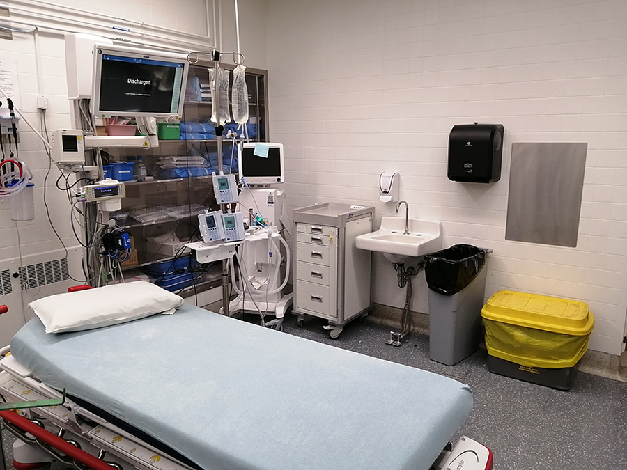 emergency trauma room at SMH with empty bed and equipment