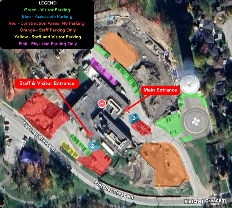 aerial view of hospital outlining available parking